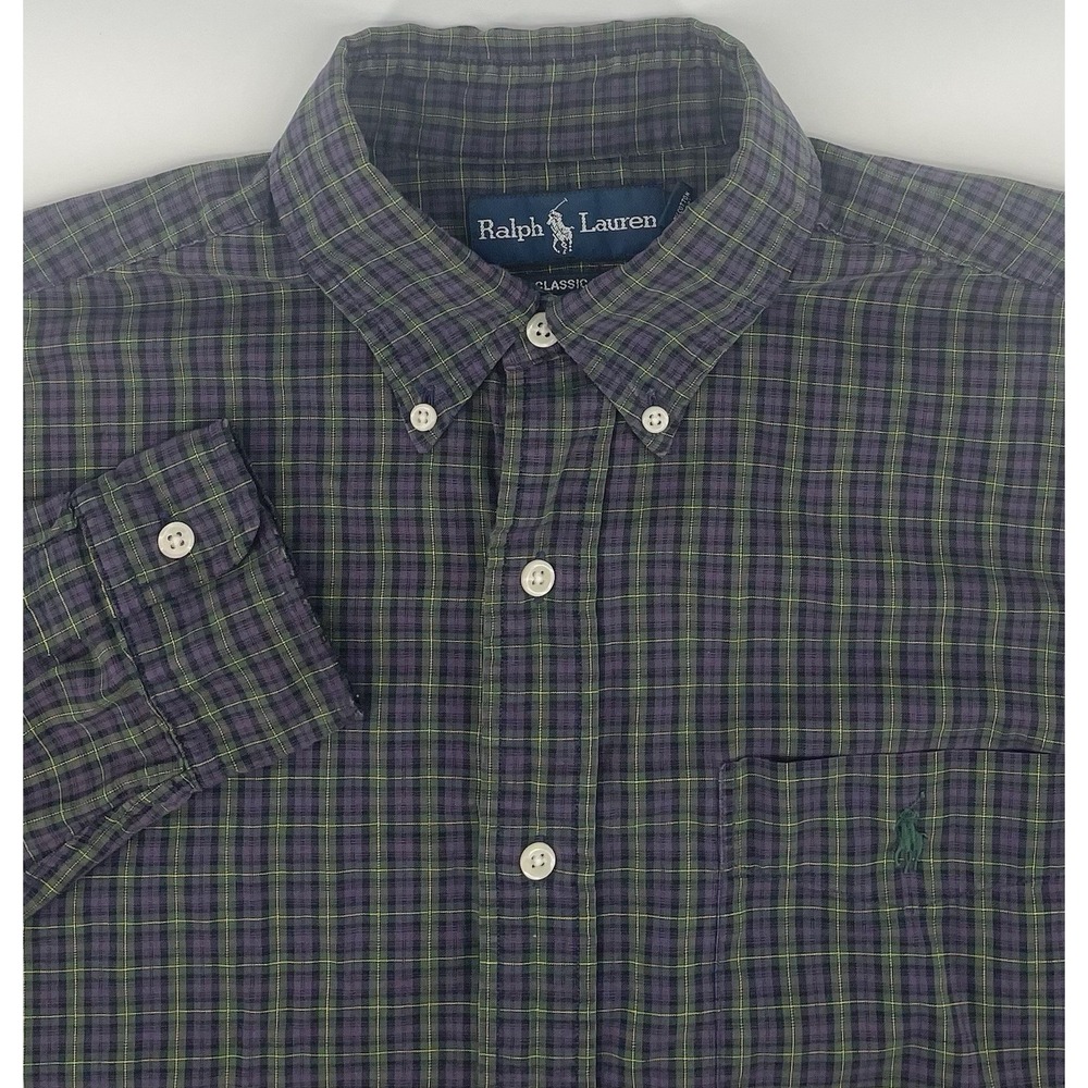 Ralph Lauren Button Shirt Men M Purple Green Plaid Classic Fit Preppy Office